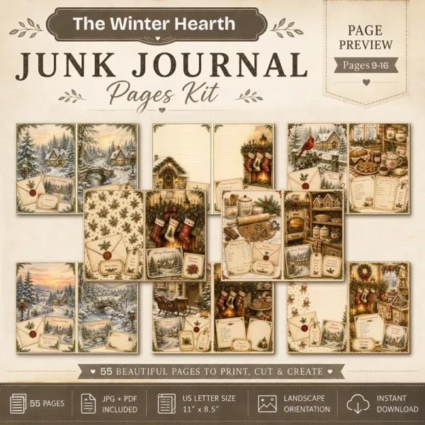 The Winter Hearth Junk Journal Pages - Cozy Winter Ephemera, Winter Retreat, Cake, Gingerbread Treats, Festive Ephemera, Digital Download