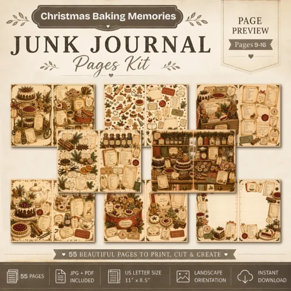 Christmas Baking Memories Junk Journal Pages - Vintage Baking Ephemera, holiday menu, Gingerbread, Cake, Festive Ephemera, Digital Download