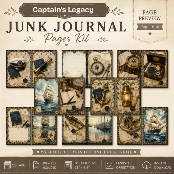 Captains Legacy Junk Journal Pages - Captains Log Ephemera, Anchors, Vintage Nautical, Classic Sea Voyages Ephemera, Digital Download