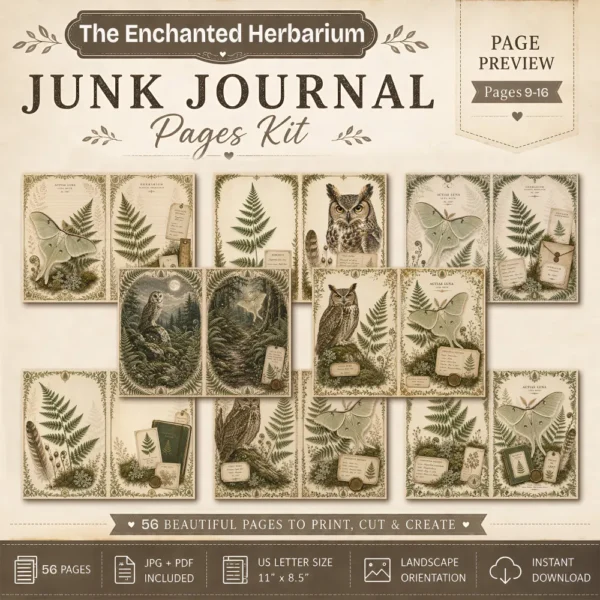 The Enchanted Herbarium Junk Journal Pages - Fernwood Herbarium Ephemera, Naturalist's Study, Woodland Nature Ephemera, Digital Download