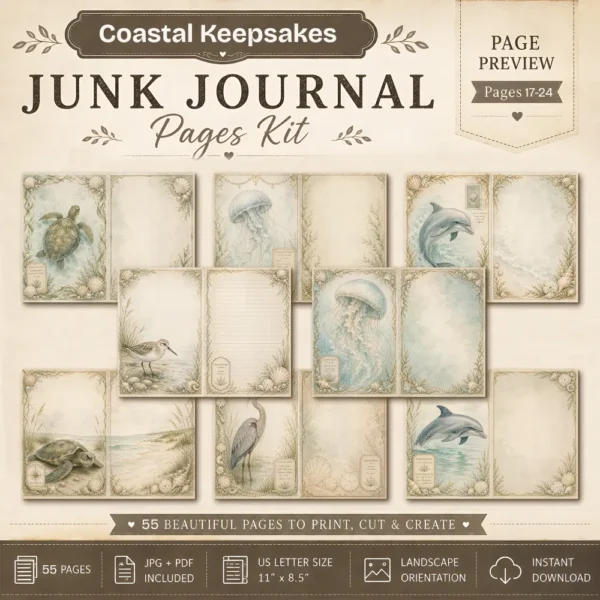 Coastal Keepsakes Junk Journal Pages - Shoreline Finds Ephemera, coastal bird, Pearls, Seashells, Ocean Life Ephemera, Digital Download