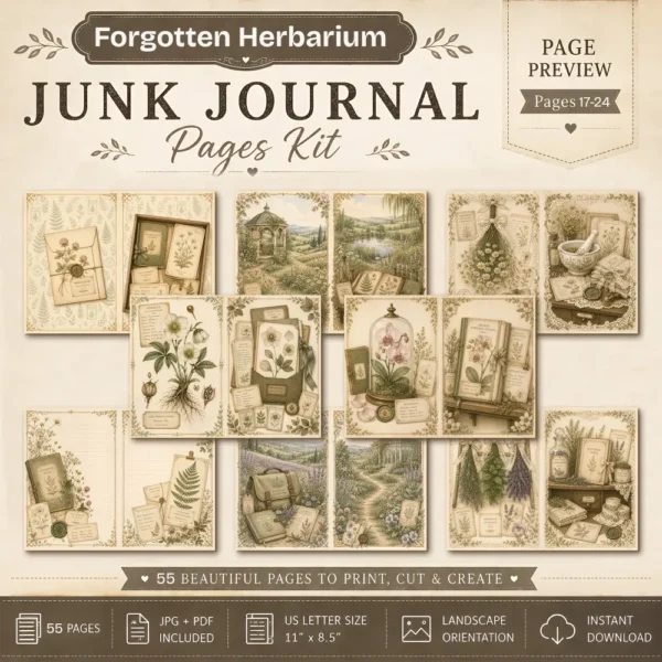 Forgotten Herbarium Junk Journal Pages - Vintage Botanical Ephemera, Nature Study, Pressed Flower, Herbal Ephemera, Digital Download