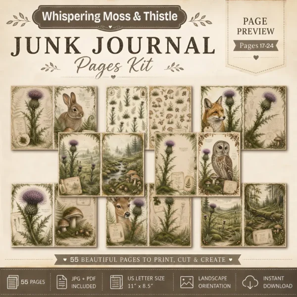 Whispering Moss & Thistle Junk Journal Pages - Woodland Nature Ephemera, Serene Forest, Fern, Mushroom, Botanical Ephemera, Digital Download