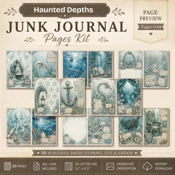 Haunted Depths Junk Journal Pages - Cursed Ocean Ephemera, Scary Sea, Deadly, Skeleton, Halloween Under the Sea Ephemera, Digital Download