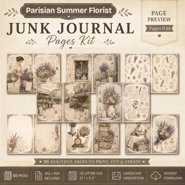 Parisian Summer Florist Junk Journal Pages - French Garden Ephemera, Vintage Floral, Flower Market, Summer Blooms Ephemera, Digital Download