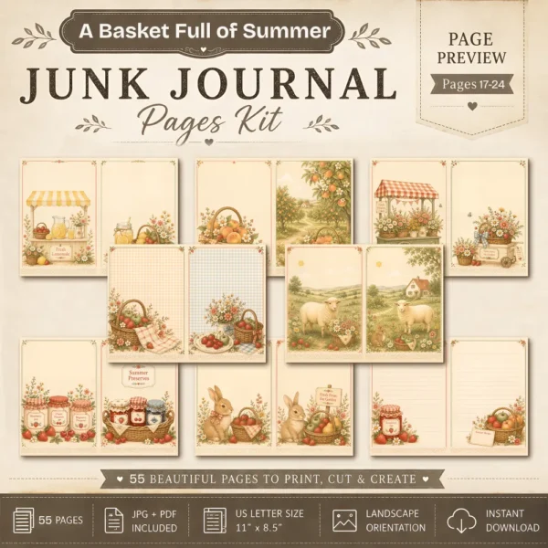 A Basket Full of Summer Junk Journal Pages - Summer In The Country Ephemera, Cottagecore Garden, Farm Animals Ephemera, Digital Download