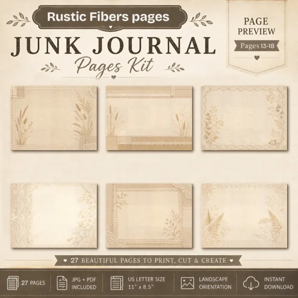 Rustic Fibers Junk Journal Background Papers - Printable, Paper, Lace and Botanical Textures, Linen Pages, Vintage Script, Digital Download