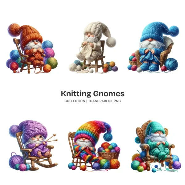 Knitting Gnomes PNG Clipart Collection - 45 PNG, Cozy Graphics, Balls of Yarn Art, Adorable Printables, Commercial use, Digital download