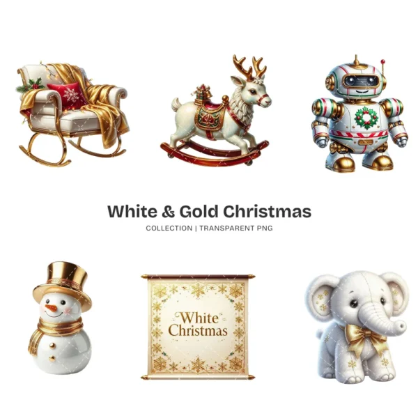 White & Gold Christmas (P-3) PNG Clipart Collection - 40 PNG, White Winter Graphics, Festive Holiday Printables, Commercial use, Digital download