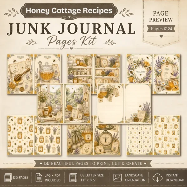 Honey Cottage Recipes Junk Journal Pages - Honey Recipe Book Ephemera, Vintage Bee and Honey, Lavender, Honeycomb Ephemera, Digital Download