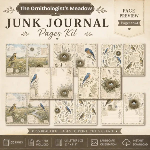 The Ornithologist's Meadow Junk Journal Pages - The Birdwatchers Ephemera, Meadowlarks and Bluebirds, Botanical Ephemera, Digital Download