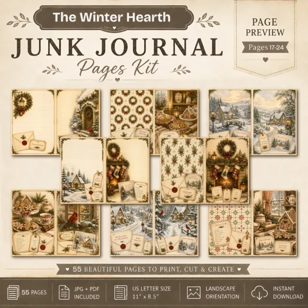 The Winter Hearth Junk Journal Pages - Cozy Winter Ephemera, Winter Retreat, Cake, Gingerbread Treats, Festive Ephemera, Digital Download