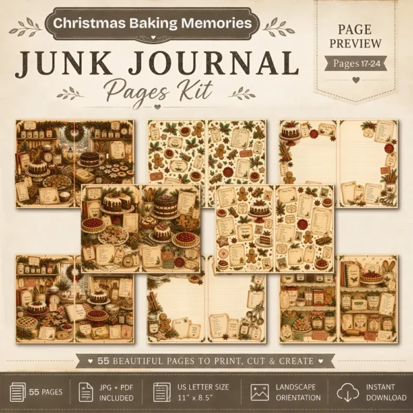 Christmas Baking Memories Junk Journal Pages - Vintage Baking Ephemera, holiday menu, Gingerbread, Cake, Festive Ephemera, Digital Download