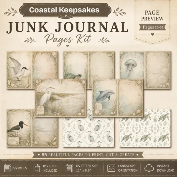 Coastal Keepsakes Junk Journal Pages - Shoreline Finds Ephemera, coastal bird, Pearls, Seashells, Ocean Life Ephemera, Digital Download