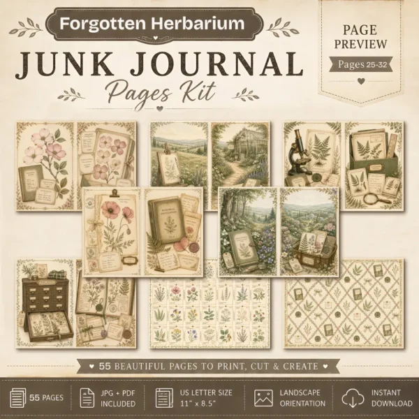 Forgotten Herbarium Junk Journal Pages - Vintage Botanical Ephemera, Nature Study, Pressed Flower, Herbal Ephemera, Digital Download