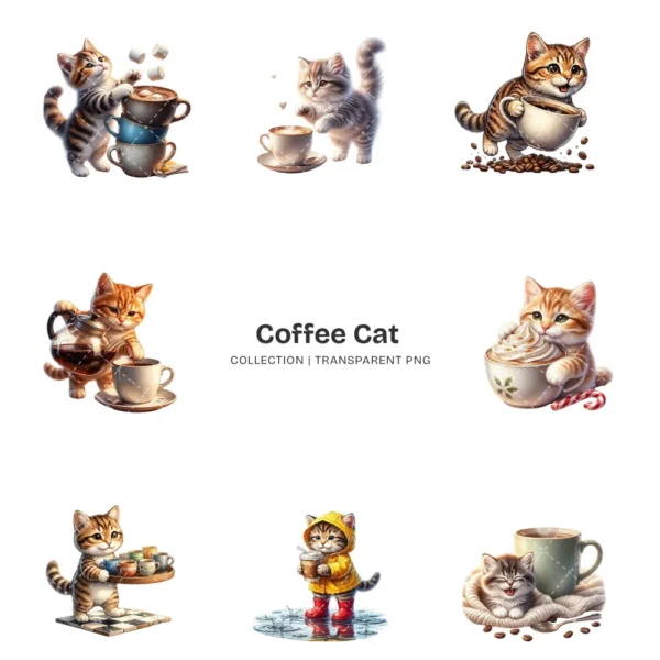 Coffee Cat PNG Clipart Collection - 40 PNG, Whimsical Graphics, Coffee Leaf, Beans, Cute Pet Printable, Commercial use, Digital download