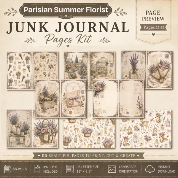 Parisian Summer Florist Junk Journal Pages - French Garden Ephemera, Vintage Floral, Flower Market, Summer Blooms Ephemera, Digital Download
