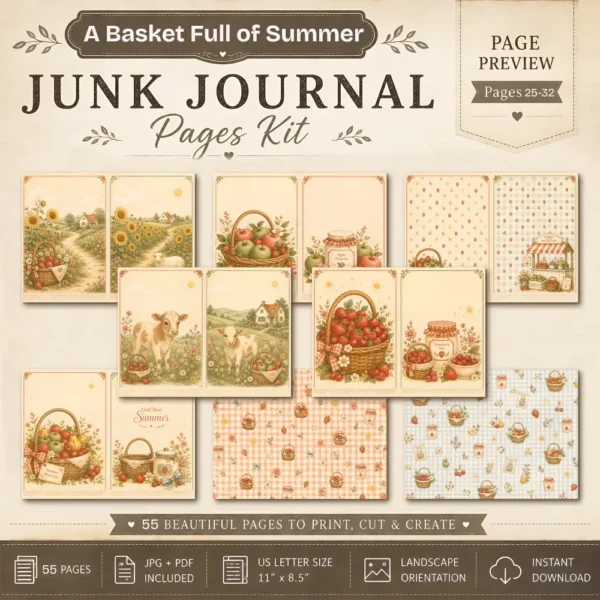 A Basket Full of Summer Junk Journal Pages - Summer In The Country Ephemera, Cottagecore Garden, Farm Animals Ephemera, Digital Download