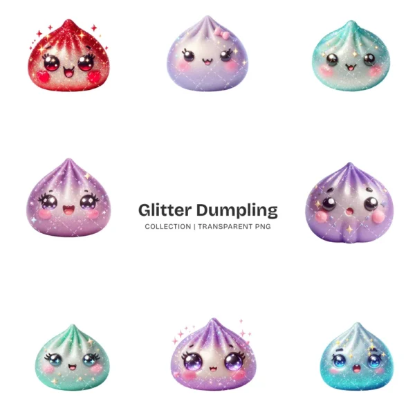 Glitter Dumpling PNG Clipart Collection - 40 PNG, Kawaii Dumpling Graphics, Sparkly Food Printable, Commercial use, Digital download