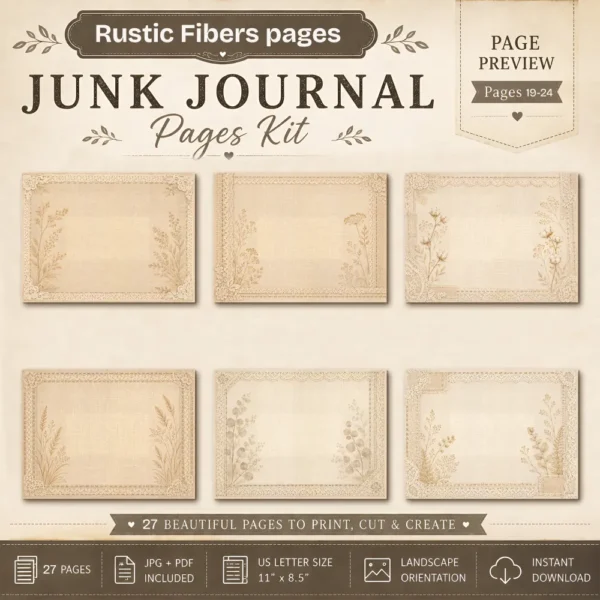 Rustic Fibers Junk Journal Background Papers - Printable, Paper, Lace and Botanical Textures, Linen Pages, Vintage Script, Digital Download