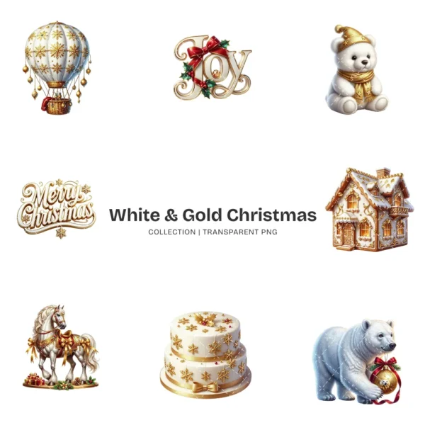 White & Gold Christmas PNG Clipart Collection - 40 PNG, White Winter Graphics, Festive Holiday Printables, Commercial use, Digital download