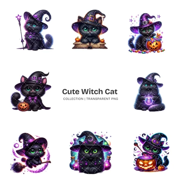 Cute Witch Cat PNG Clipart Collection - 40 PNG, Halloween cat Graphics, Black Cat, Spooky Animal Printables, Commercial use,Digital download