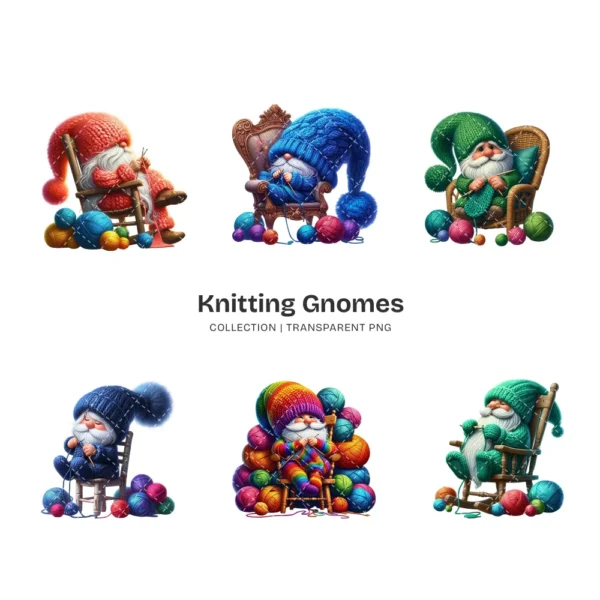 Knitting Gnomes PNG Clipart Collection - 45 PNG, Cozy Graphics, Balls of Yarn Art, Adorable Printables, Commercial use, Digital download