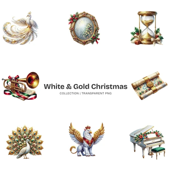 White & Gold Christmas (P-3) PNG Clipart Collection - 40 PNG, White Winter Graphics, Festive Holiday Printables, Commercial use, Digital download