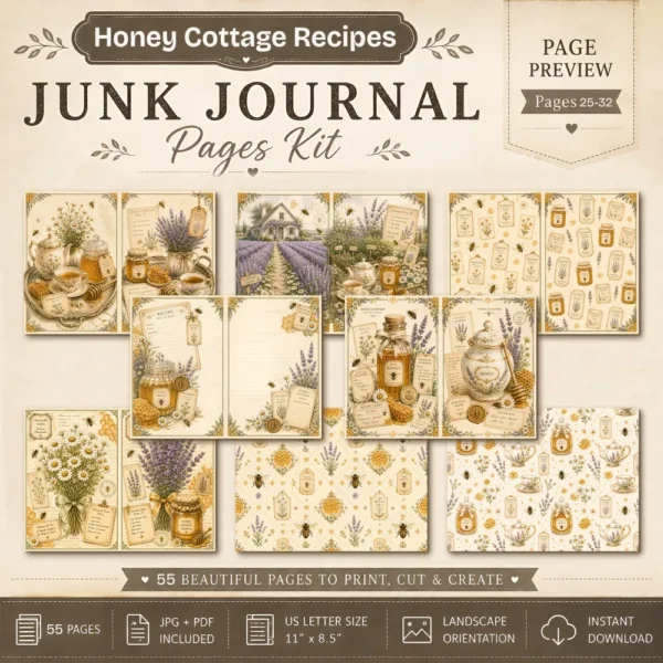 Honey Cottage Recipes Junk Journal Pages - Honey Recipe Book Ephemera, Vintage Bee and Honey, Lavender, Honeycomb Ephemera, Digital Download