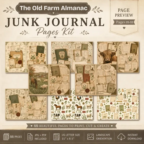 The Old Farm Almanac Junk Journal Pages - The Farm Almanac Ephemera, Country Life, Barnyard Animals, Dairy Farm Ephemera, Digital Download