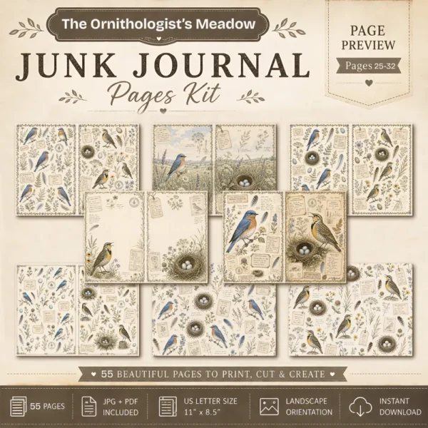 The Ornithologist's Meadow Junk Journal Pages - The Birdwatchers Ephemera, Meadowlarks and Bluebirds, Botanical Ephemera, Digital Download