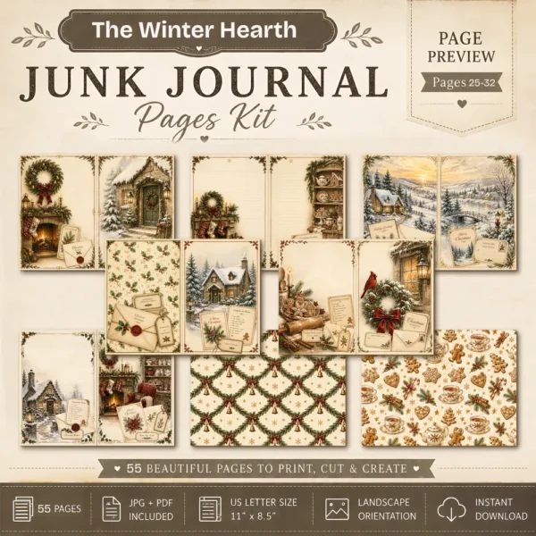 The Winter Hearth Junk Journal Pages - Cozy Winter Ephemera, Winter Retreat, Cake, Gingerbread Treats, Festive Ephemera, Digital Download