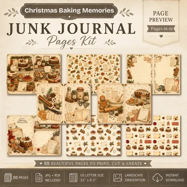 Christmas Baking Memories Junk Journal Pages - Vintage Baking Ephemera, holiday menu, Gingerbread, Cake, Festive Ephemera, Digital Download