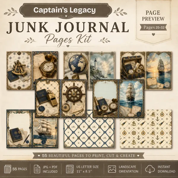 Captains Legacy Junk Journal Pages - Captains Log Ephemera, Anchors, Vintage Nautical, Classic Sea Voyages Ephemera, Digital Download