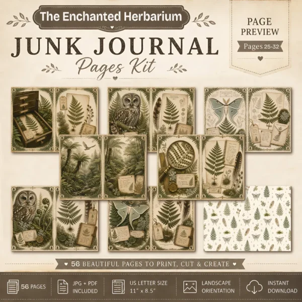 The Enchanted Herbarium Junk Journal Pages - Fernwood Herbarium Ephemera, Naturalist's Study, Woodland Nature Ephemera, Digital Download