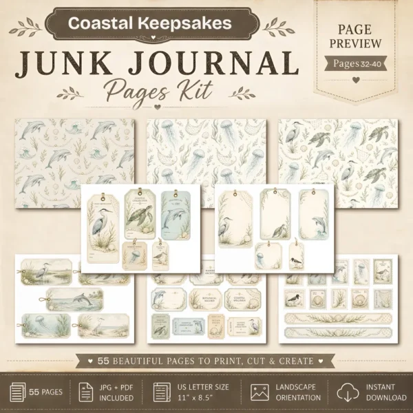Coastal Keepsakes Junk Journal Pages - Shoreline Finds Ephemera, coastal bird, Pearls, Seashells, Ocean Life Ephemera, Digital Download