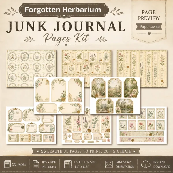Forgotten Herbarium Junk Journal Pages - Vintage Botanical Ephemera, Nature Study, Pressed Flower, Herbal Ephemera, Digital Download