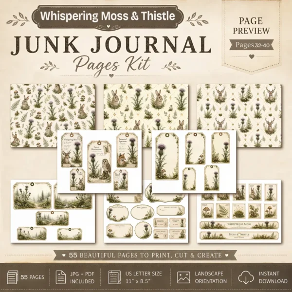 Whispering Moss & Thistle Junk Journal Pages - Woodland Nature Ephemera, Serene Forest, Fern, Mushroom, Botanical Ephemera, Digital Download
