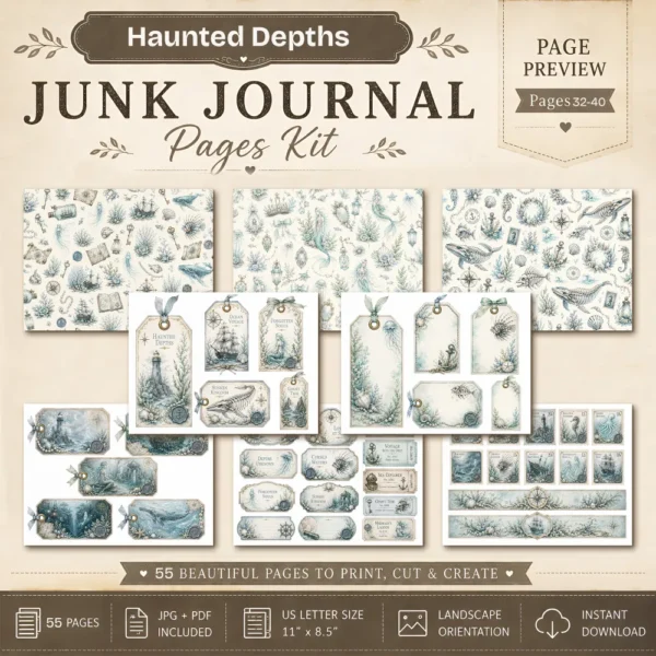Haunted Depths Junk Journal Pages - Cursed Ocean Ephemera, Scary Sea, Deadly, Skeleton, Halloween Under the Sea Ephemera, Digital Download