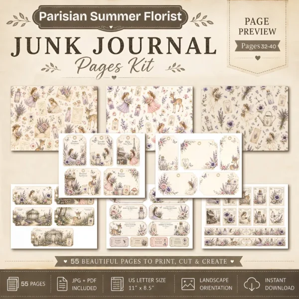 Parisian Summer Florist Junk Journal Pages - French Garden Ephemera, Vintage Floral, Flower Market, Summer Blooms Ephemera, Digital Download