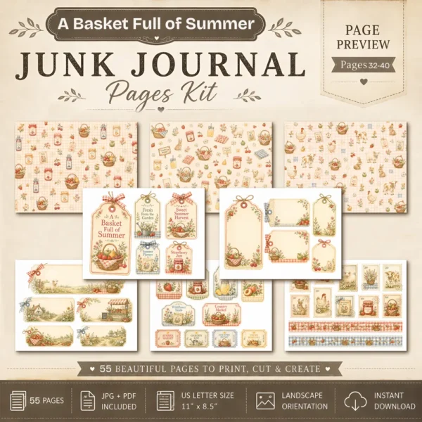 A Basket Full of Summer Junk Journal Pages - Summer In The Country Ephemera, Cottagecore Garden, Farm Animals Ephemera, Digital Download
