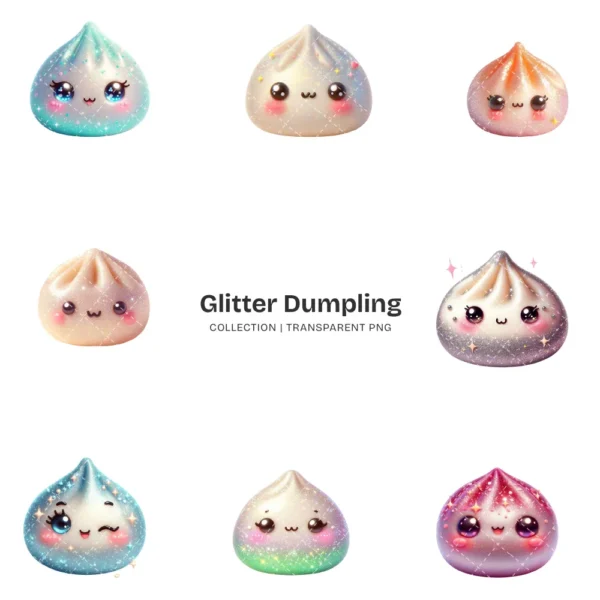 Glitter Dumpling PNG Clipart Collection - 40 PNG, Kawaii Dumpling Graphics, Sparkly Food Printable, Commercial use, Digital download