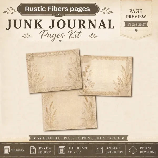 Rustic Fibers Junk Journal Background Papers - Printable, Paper, Lace and Botanical Textures, Linen Pages, Vintage Script, Digital Download