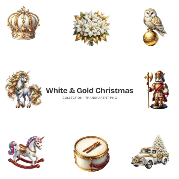 White & Gold Christmas PNG Clipart Collection - 40 PNG, White Winter Graphics, Festive Holiday Printables, Commercial use, Digital download