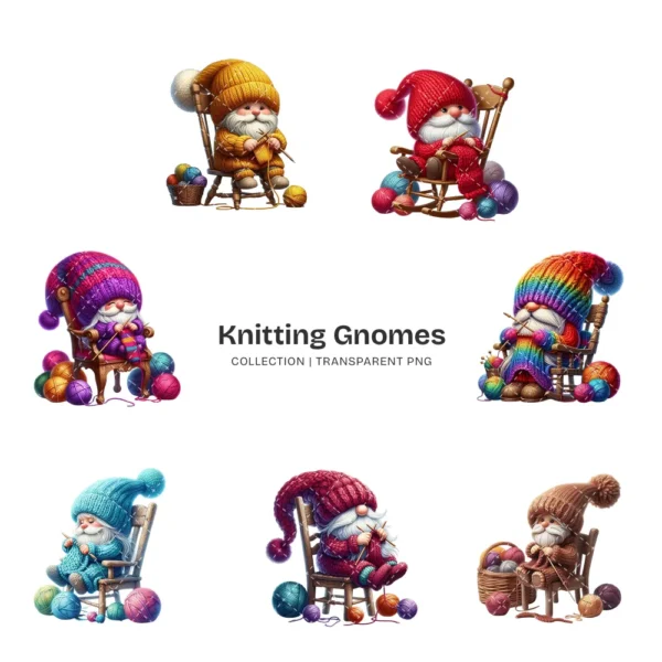Knitting Gnomes PNG Clipart Collection - 45 PNG, Cozy Graphics, Balls of Yarn Art, Adorable Printables, Commercial use, Digital download