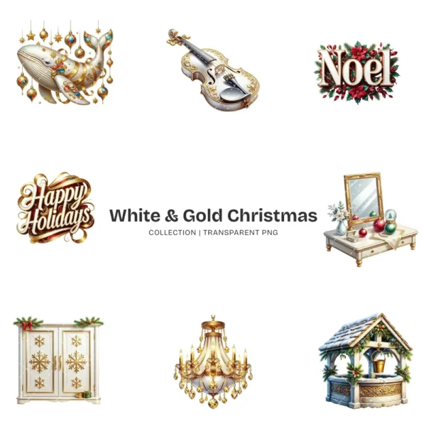 White & Gold Christmas (P-3) PNG Clipart Collection - 40 PNG, White Winter Graphics, Festive Holiday Printables, Commercial use, Digital download