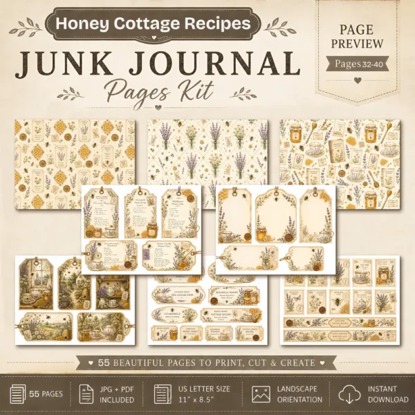 Honey Cottage Recipes Junk Journal Pages - Honey Recipe Book Ephemera, Vintage Bee and Honey, Lavender, Honeycomb Ephemera, Digital Download