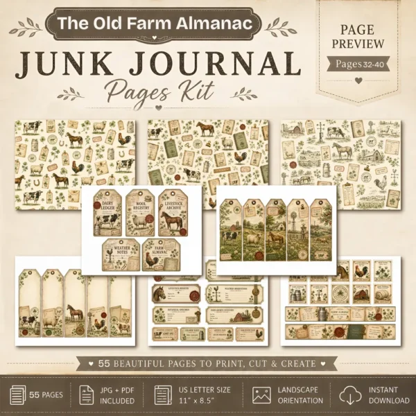 The Old Farm Almanac Junk Journal Pages - The Farm Almanac Ephemera, Country Life, Barnyard Animals, Dairy Farm Ephemera, Digital Download