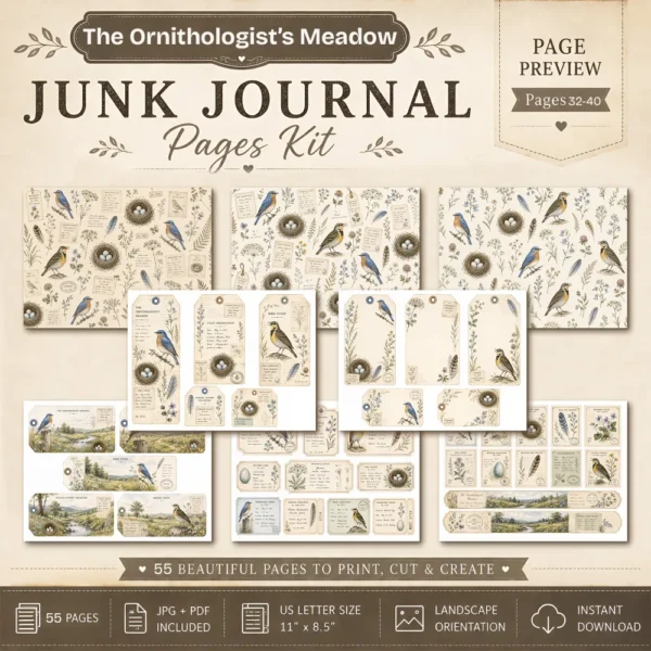 The Ornithologist's Meadow Junk Journal Pages - The Birdwatchers Ephemera, Meadowlarks and Bluebirds, Botanical Ephemera, Digital Download