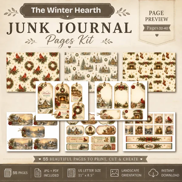 The Winter Hearth Junk Journal Pages - Cozy Winter Ephemera, Winter Retreat, Cake, Gingerbread Treats, Festive Ephemera, Digital Download